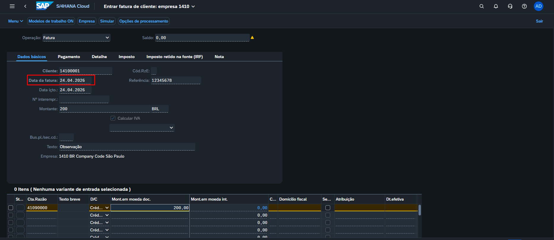 SAP S/4HANA, Entrar fatura de cliente, aba Dados básicos, com destaque no campo Data da fatura