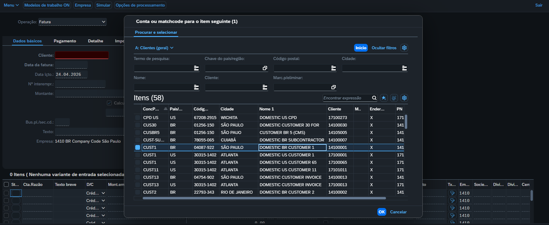 SAP S/4HANA, Entrar fatura de cliente, janela de seleção de clientes com o cliente Domestic BR Customer 1 (14100001) selecionado