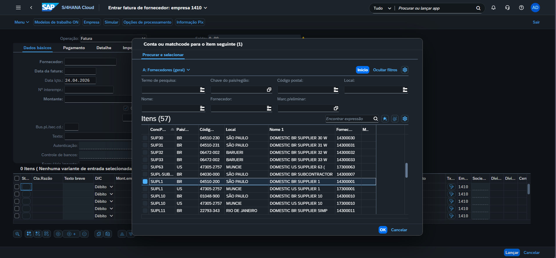 SAP S/4HANA, Entrar fatura de fornecedor, pesquisa de fornecedores com Domestic BR Supplier 1, código 14300001, selecionado