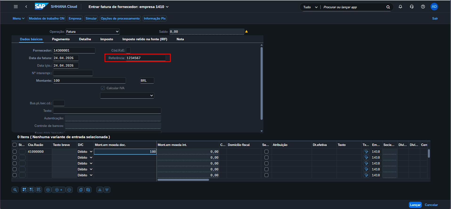 SAP S/4HANA, Entrar fatura de fornecedor, aba Dados básicos, com destaque no campo Referência preenchido com 1234567