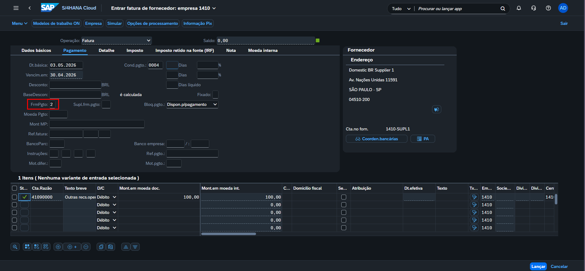 SAP S/4HANA, Entrar fatura de fornecedor, aba Pagamento, com destaque no campo FrmPgto preenchido com 2