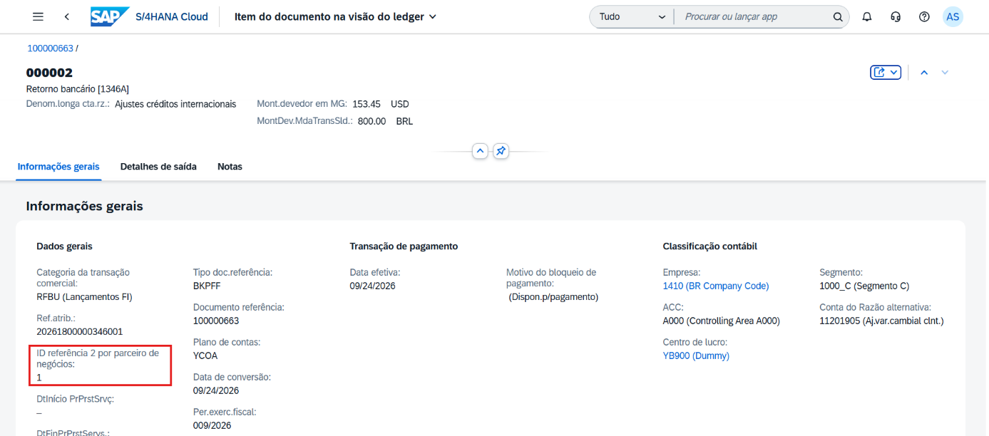 SAP S/4HANA, Item do documento na visão do ledger, campo ID referência 2 por parceiro de negócios
