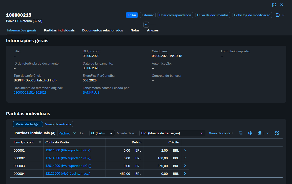 SAP S/4HANA, lançamento 100000215 criado por BANKPLUS, com créditos de 2,00, 100,00 e 350,00 na conta 12614000 e débito de 452,00 na conta 12122000