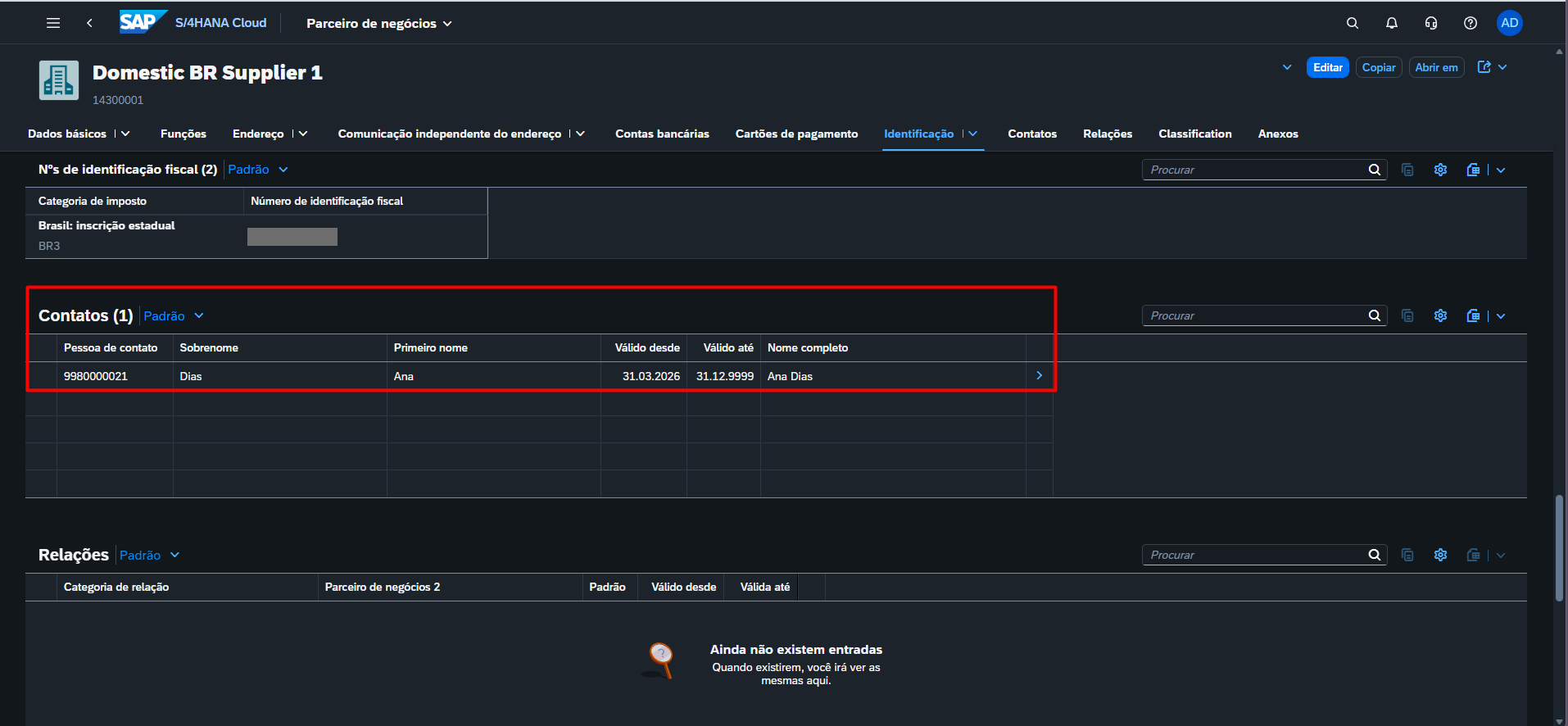 SAP S/4HANA, Parceiro de negócios, seção Contatos