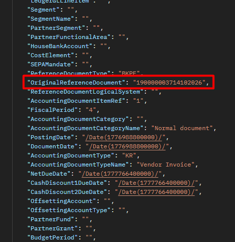 Payload do documento no SAP S/4HANA com destaque na tag OriginalReferenceDocument preenchida com 190000003714102026