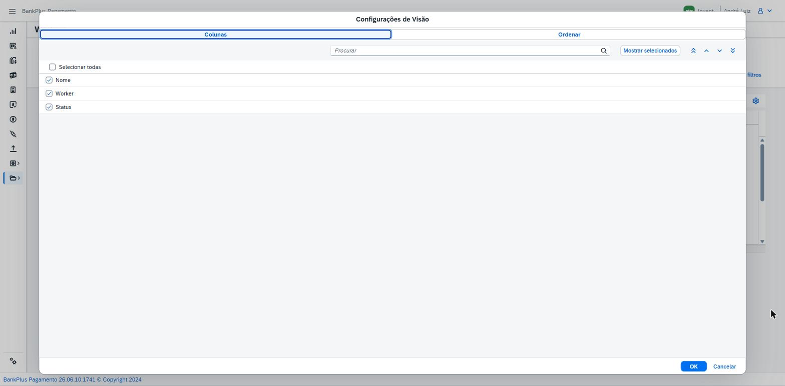 Modal Configurações de Visão da lista de workers, aba Colunas, com Nome, Worker e Status selecionadas.